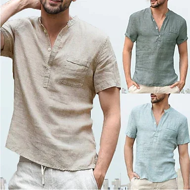 100% Cotton men‘s v-neck men‘s t-shirt flax loose undershirt solid color short-sleeved cotton  linen t-shirt men‘s casual hair
