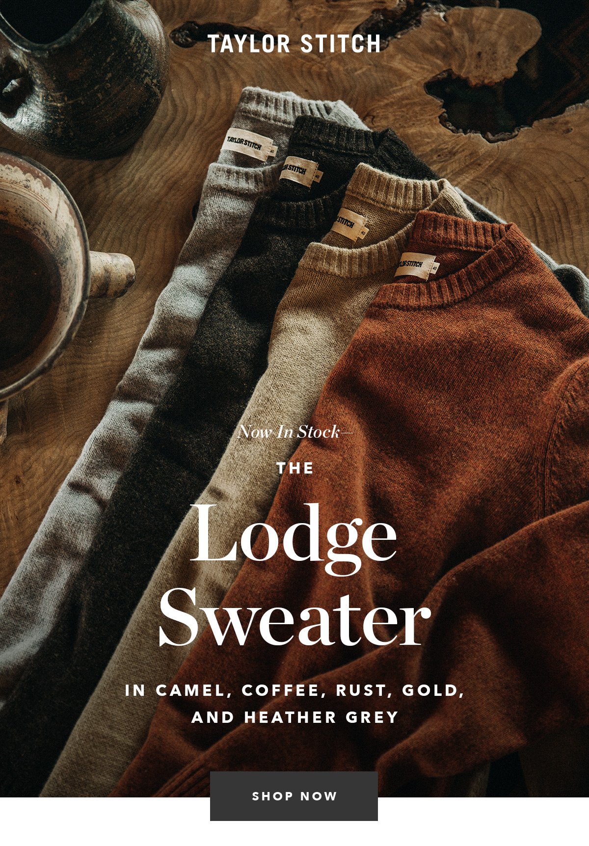 The Lodge Sweater in Camel, Coffee, Rust, Gold, and Heather Grey