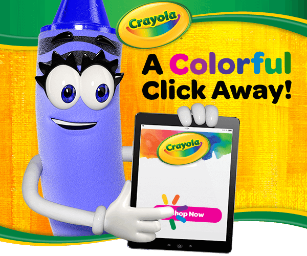 A colorful click away with Crayola Crayon character and tablet