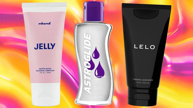 A collage of three different bottles of lube on a colorful abstract background