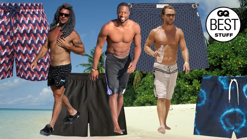A collage of dqyane wade, matthew mconaghey and diplo all wearing bathings uits on a background of a tropical beach and bathings suits