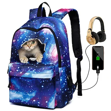 Kids Unisex Backpack School Bag Rucksack 3D Canvas 3D Print Galaxy Cat Large Capacity Waterproof Zipper School Daily Traveling Blue Black Purple Red