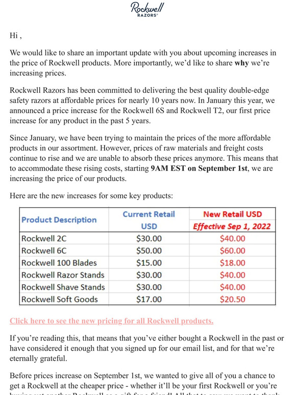We’re raising prices on September 1st
