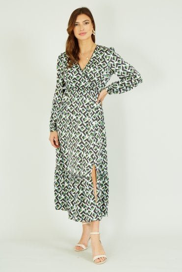 Yumi Green Geo Print Wrap Satin Midi Dress