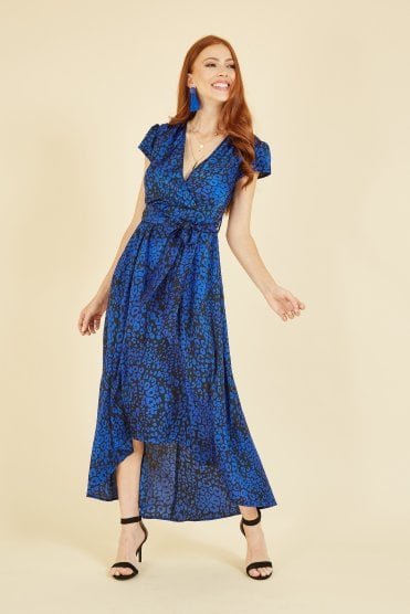 Mela Blue Animal Print Dip Hem Midi Wrap Dress