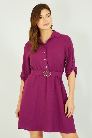 Mela Pink Belted Shirt Dress With Gold Buckle