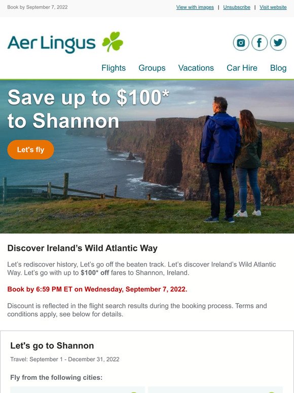 Save up to $100* on flights to Shannon