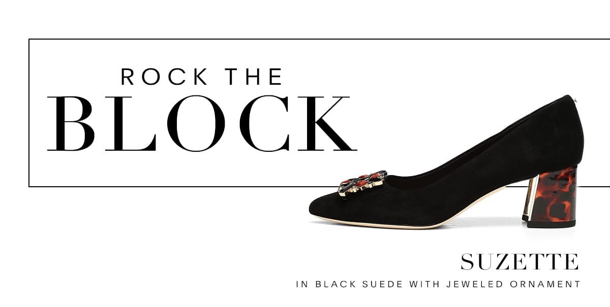 Rock The Block. Suzette in black suede with jeweled ornament