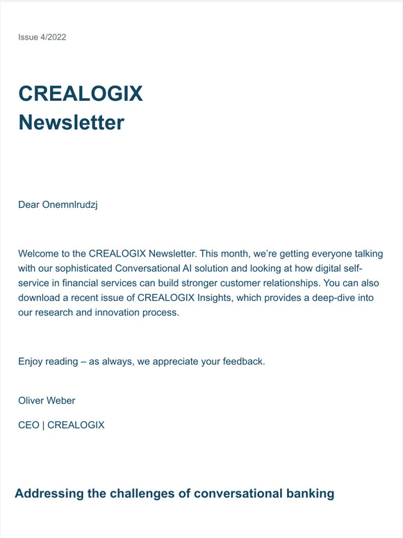 ✉️ CREALOGIX Newsletter | Learn more about conversational banking, take a look at our latest CREALOGIX Insights and more