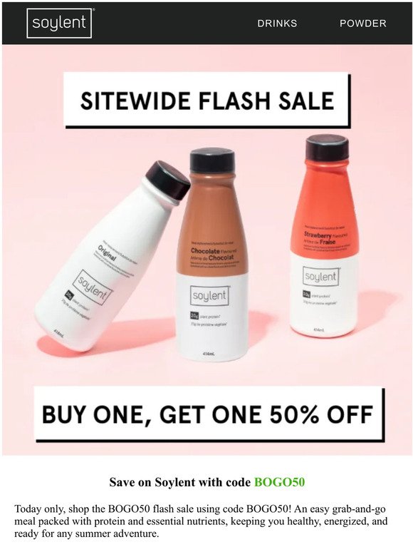 TODAY ONLY: Buy one case, get one 50% off Soylent
