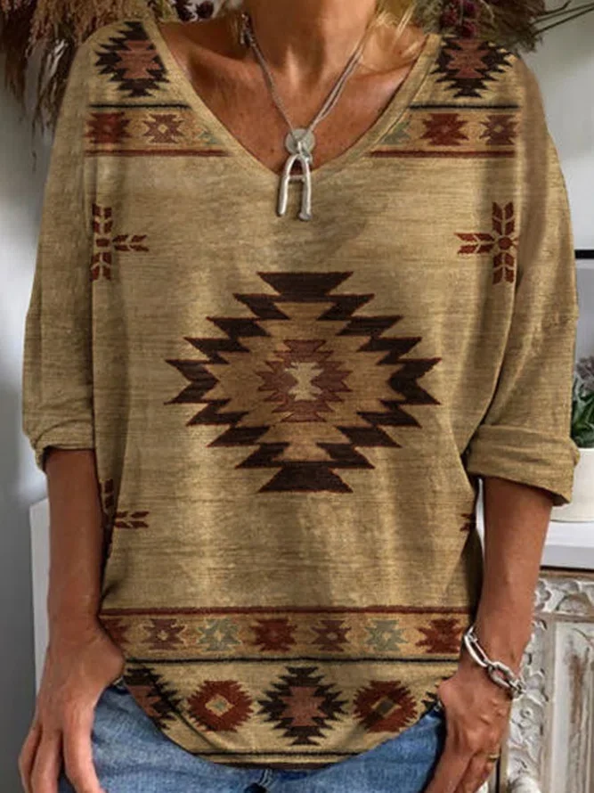 Neck Loose Vacation Ethnic T-...