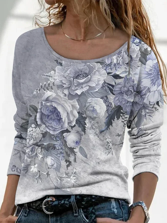     Crew Neck Loose Floral To...