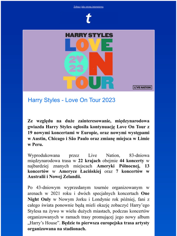 Ticketmaster PL Harry Styles ogłasza kontynuacje trasy Love On Tour w