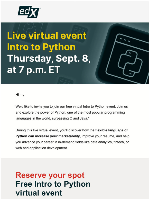 edX (Global): You’re invited: Free Intro to Python virtual event | Milled
