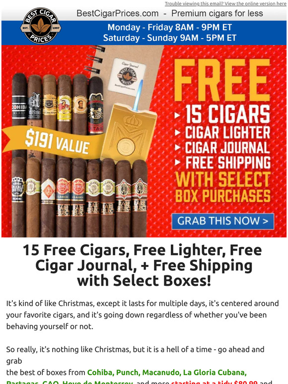 Best Cigar Prices 🎁 15 Free Cigars, Free Lighter, Free Cigar Journal