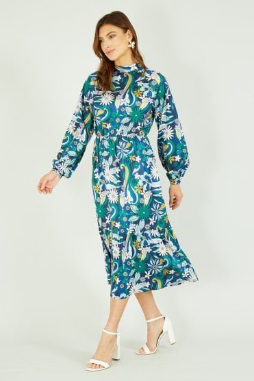 Yumi Seventies Floral Print High Neck Midi Dress With Long Sleeves