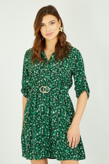 Mela Green Animal Print Belted Shirt Dress With Gold Buckle