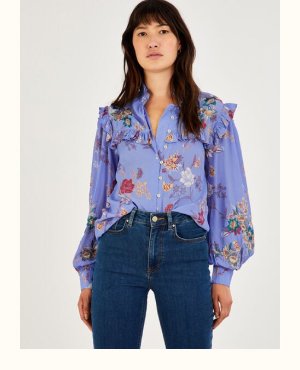 Floral print embroidered blouse in sustainable viscose blue