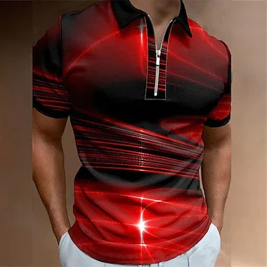 Men's Golf Shirt 3D Print Streamer Turndown Street Daily Zipper 3D Short Sleeve Tops Casual Fashion Comfortable Black / Red Pink Royal Blue / Beach