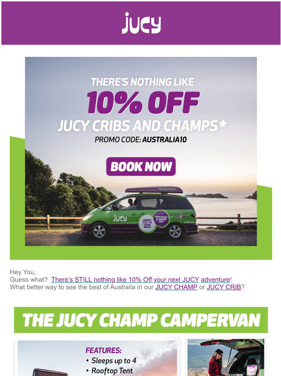Planning a Summer adventure? Plan it with 10% off JUCY Champs and Cribs 👌