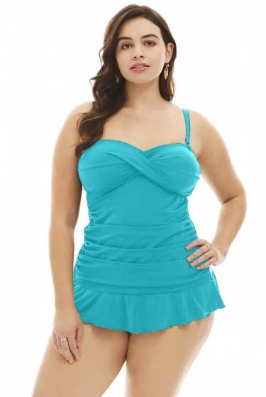 ALWAYS FOR ME PLUS SIZE ISABELLA TWIST FRONT BANDEAU STRAPLESS SHIRRED TANKINI TOP WITH MATCHING TANKINI BOTTOM