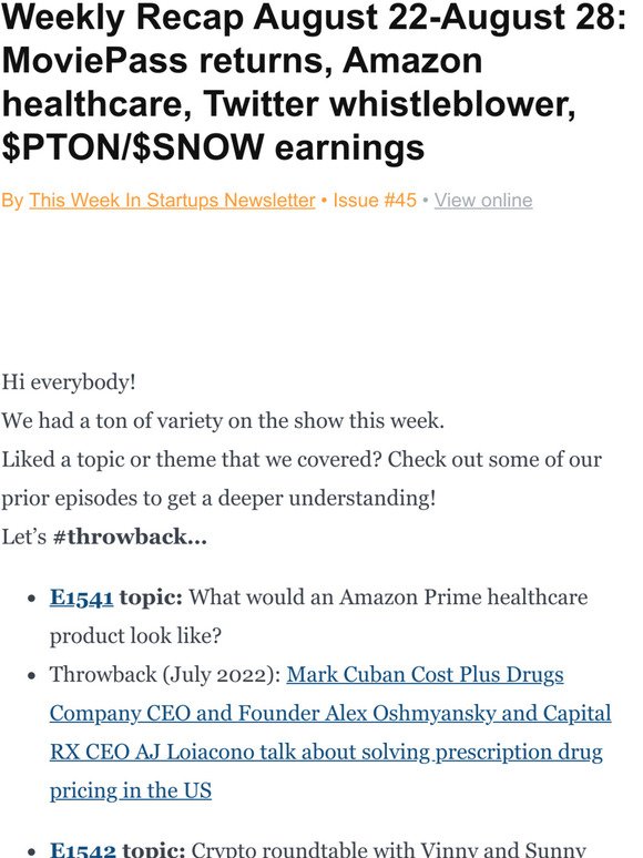 Weekly Recap August 22-August 28: MoviePass returns, Amazon healthcare, Twitter whistleblower, $PTON/$SNOW earnings