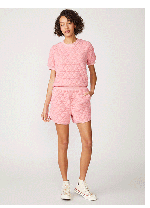 Quilted Knit Short Sleeve Top in Chalk Pink