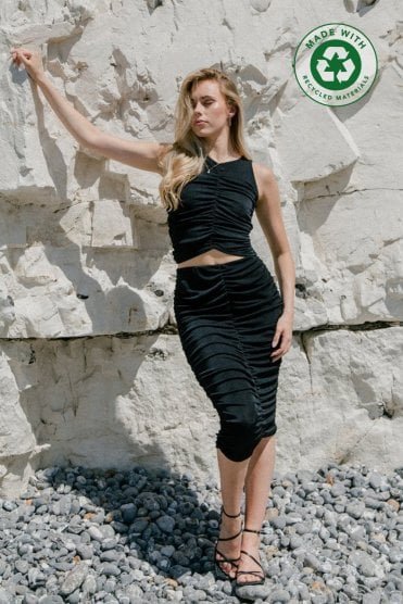 Black recycled ruched midi skirt