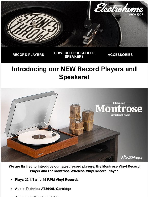 Introducing the NEW Montrose Record Players & McKinley Powered Bookshelf Speakers