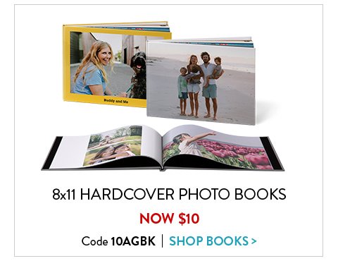 8 by 11 hardcover photo books now 10 dollars. Use code 10AGBK. Click to shop photo books