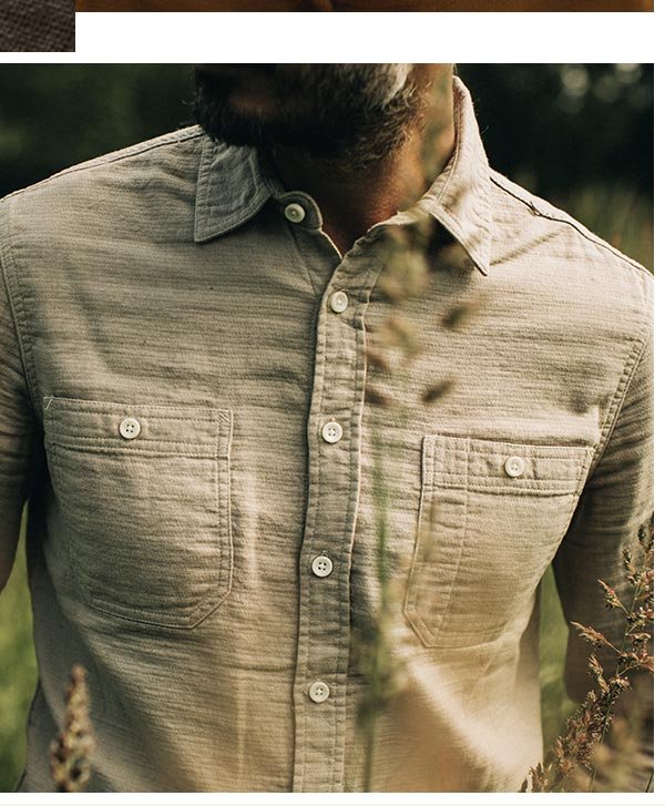 Model wearing The Utility Shirt in Stone