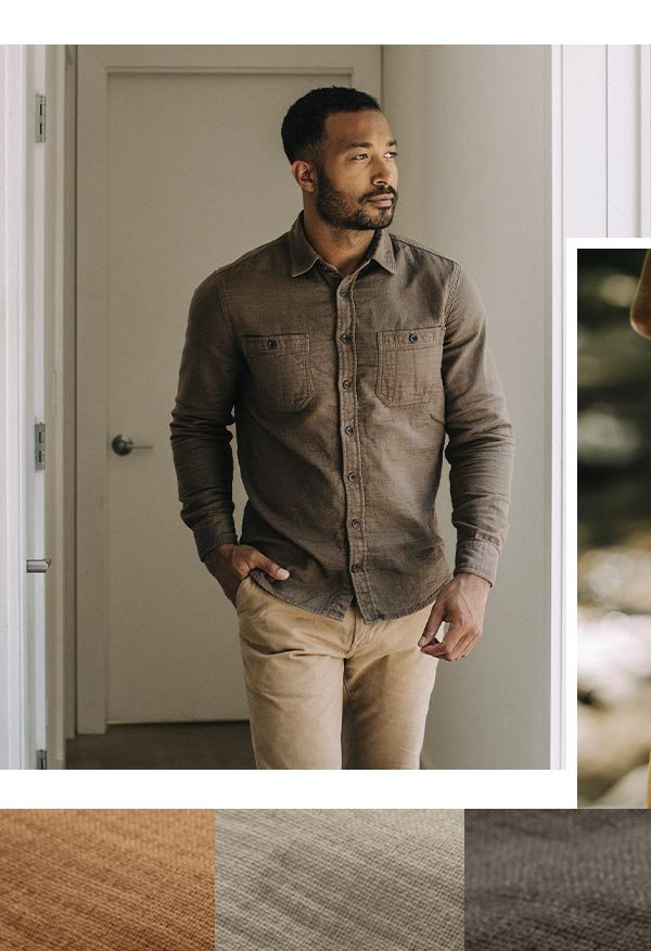 Model wearing The Utility Shirt in Walnut Double Cloth