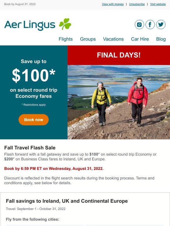 Final Days! Save up to $100* from select U.S. cities