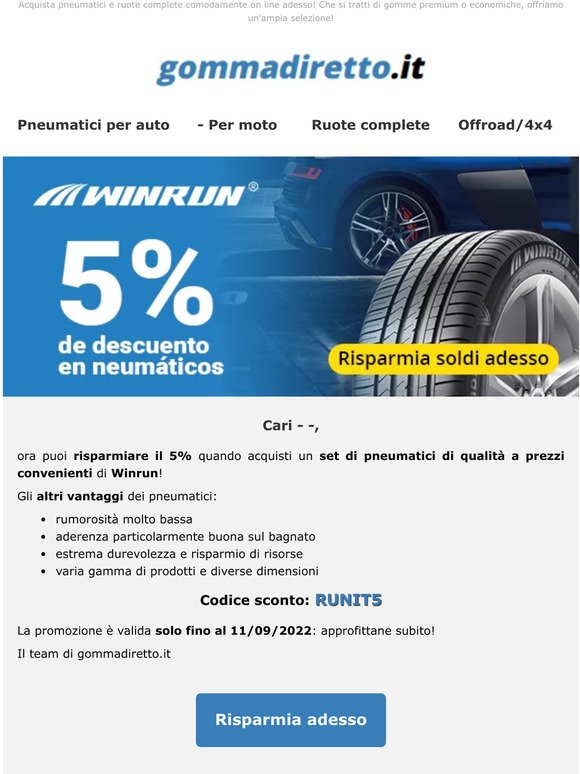 5% di sconto sui pneumatici Winrun