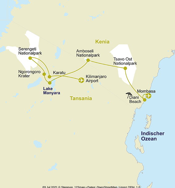 Karte der Tansania- & Kenia-Reise.