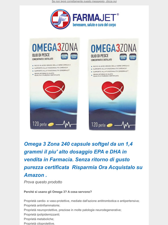 FarmaJet Omega 3 Zona 240 capsule da 1,4 grammi a 49 Euro su Amazon