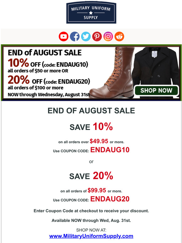 Last Chance for 20% OFF Peacoats, American Made Boots, Plate Carriers, and ALL ORDERS over $100