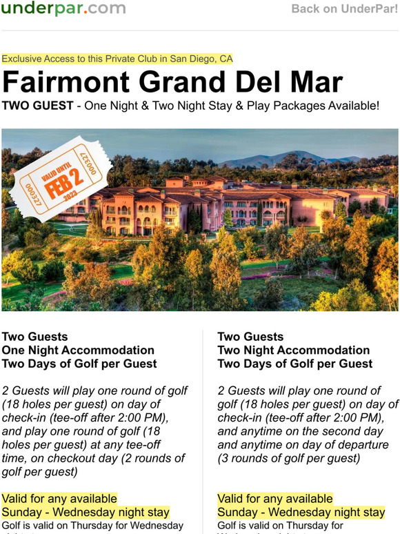 UnderPar 52 OFF Fairmont Grand Del Mar Two Guests 1 and 2 Night