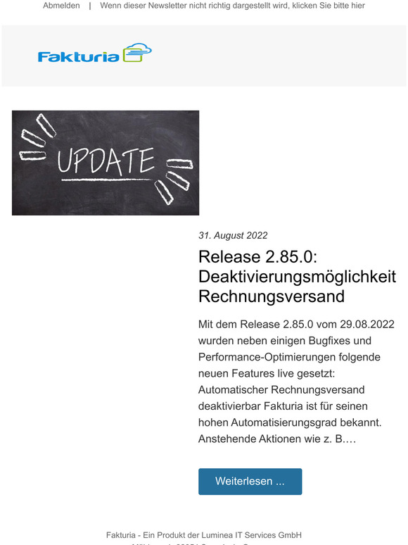 Release 2.85.0: Deaktivierungsmöglichkeit Rechnungsversand