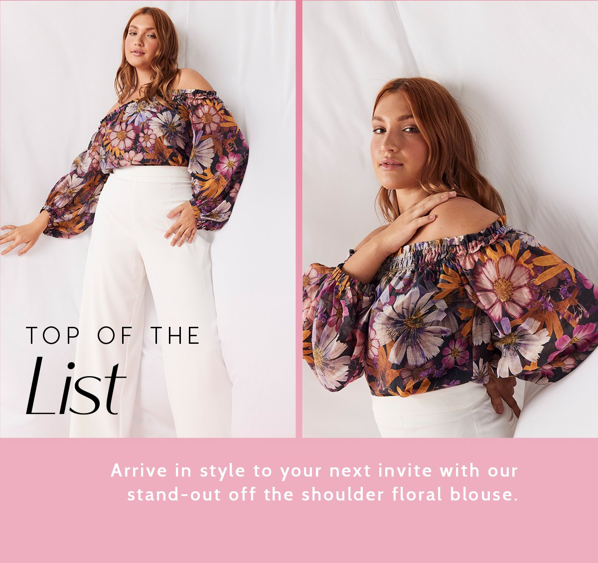 Top Of the List | Arrive in style to your next invite with our stand-out off the shoulder floral blouse.