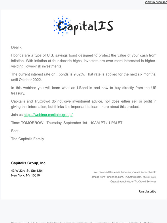 September 1st - TOMORROW - Webinar from Capitalis: How to buy US Treasury Bond Yielding 9.62%