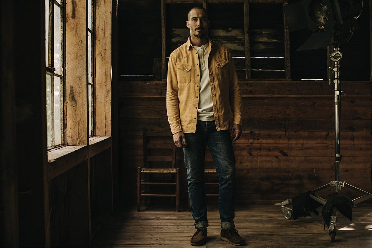Model wearing The Western Shirt in Wheat Selvage Denim