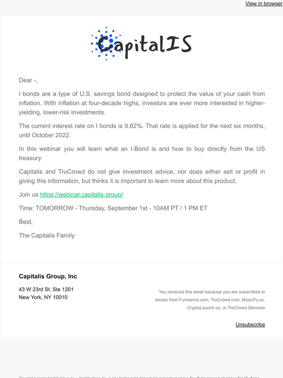 September 1st - TOMORROW - Webinar from Capitalis: How to buy US Treasury Bond Yielding 9.62%