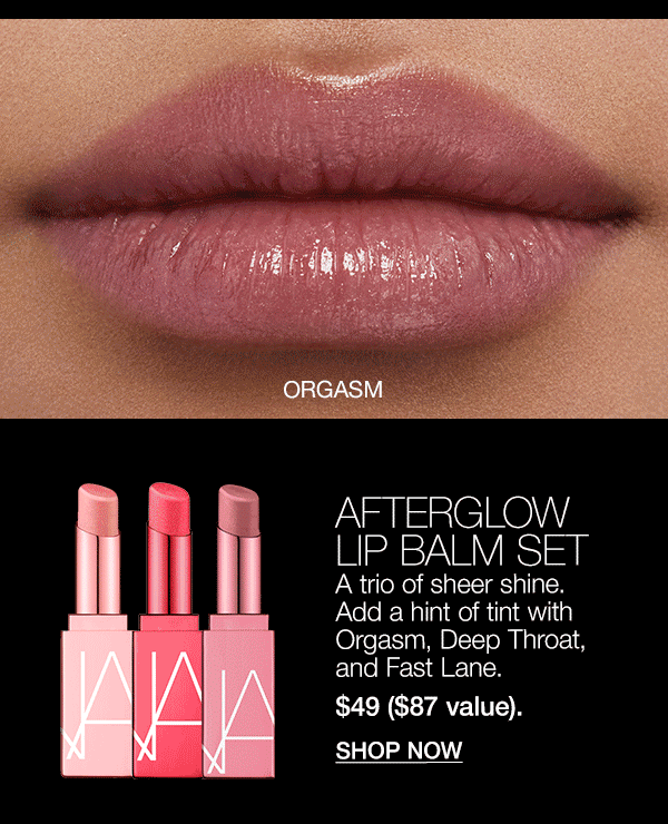 Afterglow Lip Balm Set features sheer shine with a hint of tint in shades Orgasm, Deep Throat, and Fast Lane.