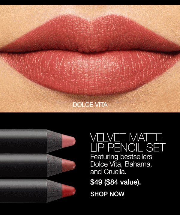 Velvet Matte Lip Pencil Set features bestsellers Dolce Vita, Bahama, and Cruella.