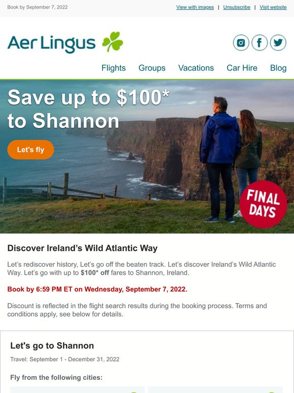 Final Days to Save up to $100* on flights to Shannon