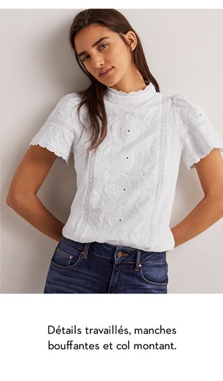 Broderie High Neck Jersey Top - White