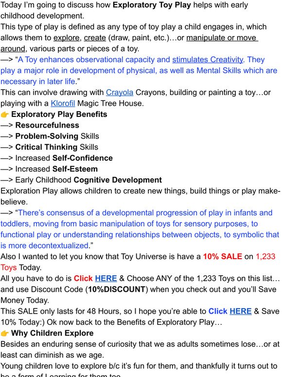 Benefits of Exploratory Play + Toy Universe SALE on 1,233 Toys Today