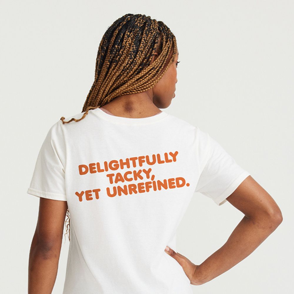 Hooters Front Back Throwback Logo & Delightfully Tacky Womens Boyfriend Tee