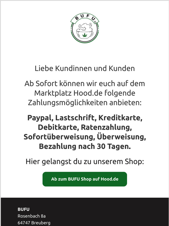 Ab SOFORT in unserem Hood.de Shop - PAYPAL, Lastschrift, Kreditkarte, Debitkarte, Ratenzahlung, Sofortüberweisung, Überweisung, Bezahlung nach 30 Tagen.